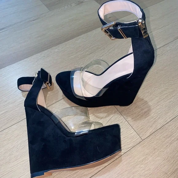 Suede Platform Black Wedge Sandals - Picture 6 of 10